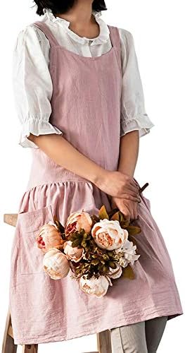 Saniqueen G エプロン ワンピース ホルダーネック カフェエプロン リネン ワークエプロン お花屋 送料無料 激安 お買い得 キ フト ユニフォーム フリル裾 ピンク 無地