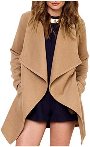 Friendshop Women Fall Casual Lapel Belt Pockets Camel Loose Cardigan Outwear