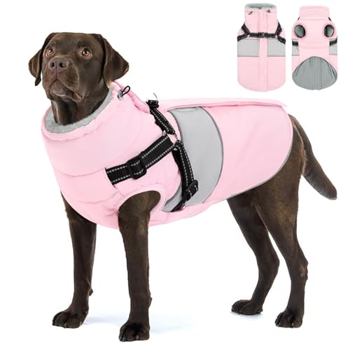 Aofitee Hundejacke Große Hunde, Wasserdicht Winter Hundemantel Mit Geschirr Für Große Hunde, Warme Hundemantel Hunter Fleece Wintermäntel Hundekleidung Schneeanzug Für Französische Bulldogge, Rosa L