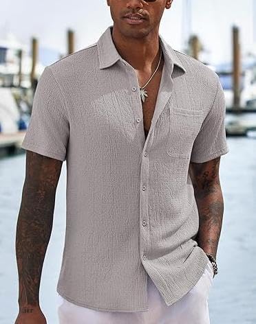 Photo 1 of Men's Casual Button Down Shirts Short Sleeve Textured Shirt Summer Untucked Vacation Beach Wedding Shirts Light Grey