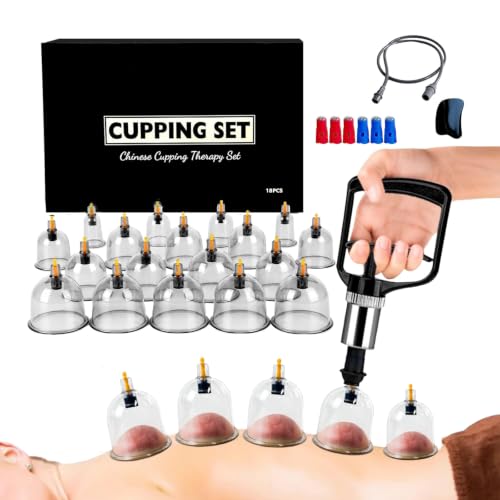 Cupping Glasses with Vacuum Pump & Therapy Magnets + Fascia Scraper, Cupping (18 Pieces) Against Tension & Cellulite and Lymphatic Drainage, High-Quality Cupping Glass Set for Face and Body