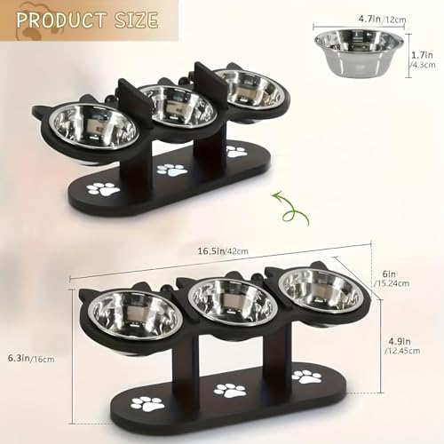 Last page® Raised Feeding Bowl, Cat and Dog Indoor with Black Stand, 3 Stainless Steel Adjustable Height Pet Feeding Set, 15° Tilt Raised Dog Bowl Stand (Black)