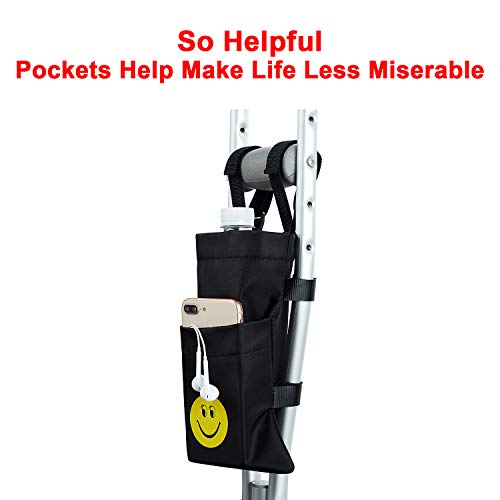 iGuerburn Crutch Bag/Pouch with Smiley Face Dual Pockets - Universal Waterproof Crutches Accessories/Supplies for Adult or Youth Crutches 9.25" x 6.3" Black