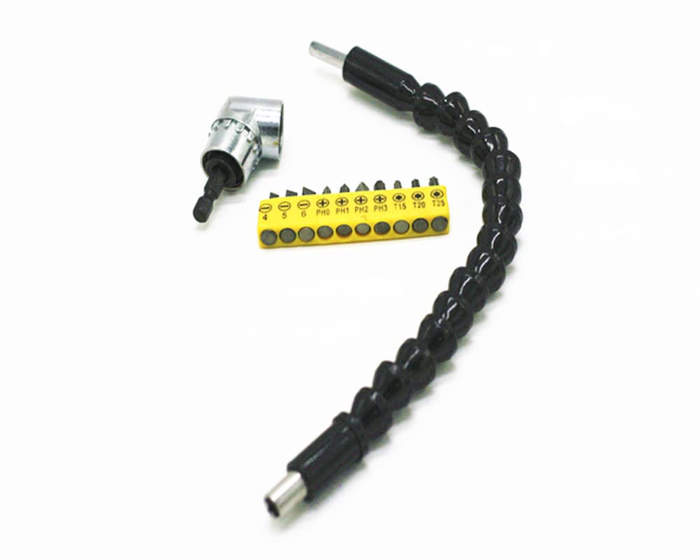 Flexible Drill Bit Extension kits, Include 11.8 inch Bendable flexible extension Bit, 10Pcs Screwdriver Bit Set and 105 Degree Right Angle Screwdriver Attachment(12Pcs)