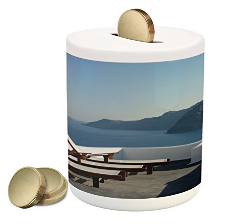 Travel Piggy Bank by Lunarable, Sunlounger at Terrace in Santorini Greece Resort Relaxation Aegean Print, Printed Ceramic Coin Bank Money Box for Cash Saving, Pale Blue White Brown - Thumbnail 2
