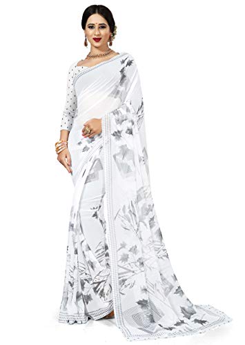 Miraan Women’s Georgette Saree with Blouse Piece (BANLOTUSH5802, White) Miraan Women’s Georgette Saree with Blouse Piece (BANLOTUSH5802, White)