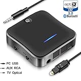 Wsiiroon Bluetooth 5.0 Transmitter Receiver, 2-in-1 Wireless aptXHD Low Latency Bluetooth Audio 3.5mm & Optical Adapter for Home/Car Stereo System (2 Devices Simultaneously)
