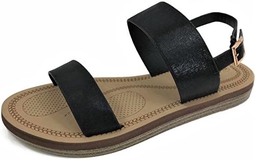 Wee Collection Double Strap Fashion Sandal Comfort Memory Foam Flat Heel With Ankle Strap, Black, 8