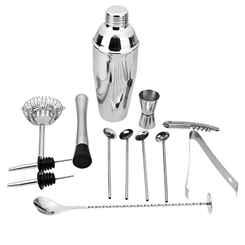 Hulorry 14 Piece 750ml Stainless Steel Cocktail Shaker Kit Cocktail Shaker,Counting Cup,Hippocampal Knife,Strainer,Muddler,Ice Clip,Mixing Spoon,2 Pourers,4 Bar Spoon,Wooden Frame by