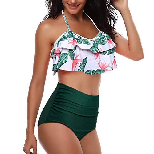 iYBUIA Sexy Leaf Print Twist Front High Wasit Bikini Set 2 Piece Bra Beach Swimsuit Green