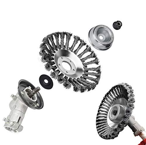 FUNTECK Steel Wire Brush Trimmer Head with Lawnmower Blade Adapter Attachment Kit for Trimming Around Brick Cement and Stone, Fits Most of Straight Shaft String Trimmer (6 inch)