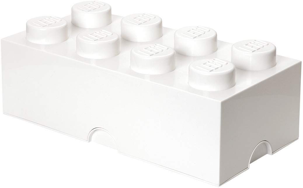 LEGO Storage Brick 8 Knobs WHITE - Stackable Plastic Storage Box with Lid for Kids and Adults, Ideal Desk Organizer and Toy Box - 12.1L Capacity