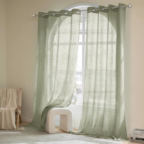 Woaboy Linen Curtains Translucent Net Curtains with Eyelets Modern Decorative for Living Room Window Bedroom 2 Pieces 140 x 245 cm Green Grey