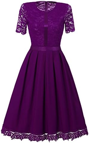 SYLVIEY Women's Boat-Neck Solid Short-Sleeve Knee Fit-and-Flare Dress, Purple, Small