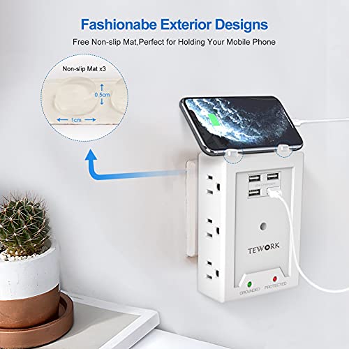 Outlet Extender with USB, 1050 Surge Protector, Multi Plug Outlet Extender with 4 USB Ports, 6-Outlet Wall Mount Adapter Widely Spaced with Top Phone Holder for Home, Dorm Essential, Office-White