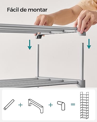 SONGMICS Zapatero de Metal de 10 Niveles, diseño Personalizable, Ahorro de Espacio y Estante versátil, para Sala de Estar, Dormitorio, 17.7 x 11.8 x 68.5 Pulgadas, Gris MLSA025G02