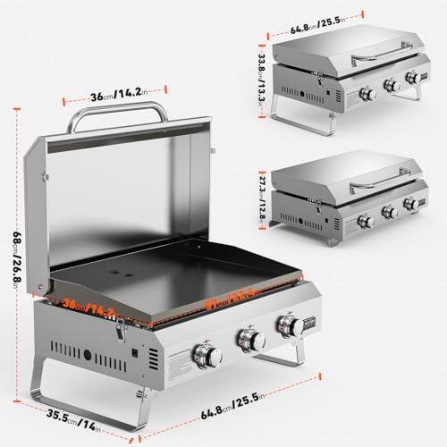 onlyfire Plancha à Gaz de Table en Inox, Barbecue Gaz avec Couvercle et 3 Brûleurs 7kW, Plancha 57x36cm avec Revêtement en Céramique Antiadhésif, Pieds Pliables pour Terrasse, Balcon et Camping