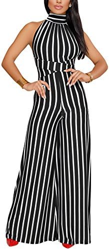 KAMESON Women's Sexy Halter Strap Stripe Backless High Waisted Long Wide Leg Jumpsuits Rompers