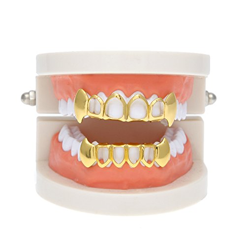 AOVR New 14k Gold Plated Hip Hop Bling Bling Teeth Fangs Grillz Caps Top & Bottom Grillz Rapper Zircon Set (Gold Set)