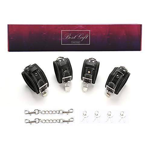 exreizst Soft Leather Cuffs Set Adjustable Straps Kit for Hand-Wrist-Ankle, Black (Black)