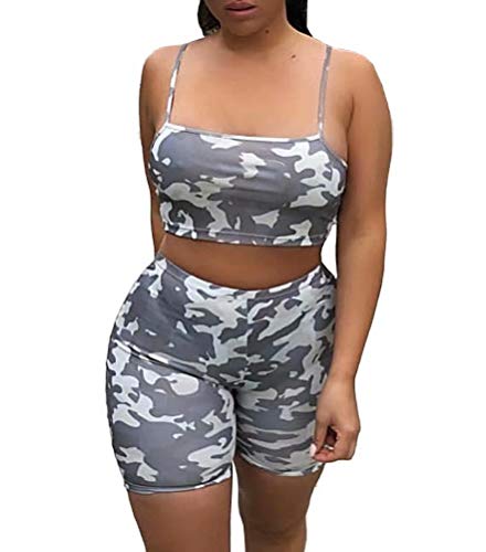 Womens Summer Sleeveless Spaghetti Strap Crop Top Camo 2 Piece Outfits High Waisted Skinny Shorts Pants Set Plus Size
