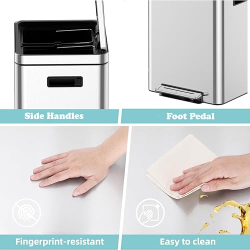 Garvee 30L Dual Compartment Trash Can, 2 x 15L Stainless Steel Recycling Bin with Soft Close Lid & Foot Pedal, 2 Removable Buckets, Rectangular Kitchen Dustbin