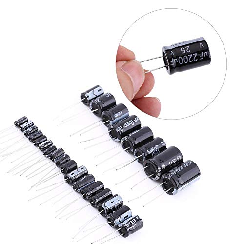 Electrolytic Radial Capacitors, 125 Pcs 1uF~2200uF 25 Values Electrolytic Capacitors Circuit Parts Assortment Kit Set
