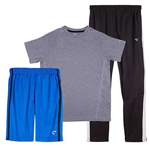 CHEETAH Boys 3 Piece Athletic Mesh T-Shirt, Shorts, and Tapered Track Pants Set, Black and Grey, 8