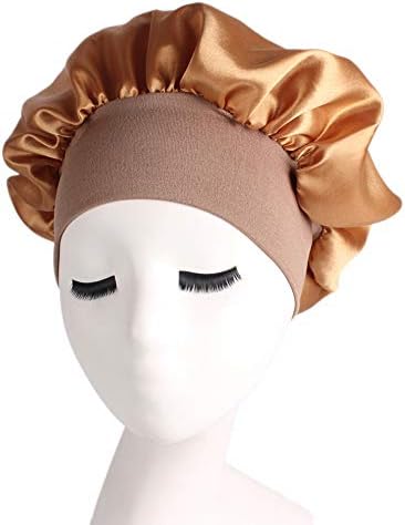 IETONE Women Wide Band Satin silk Bonnet Cap Comfortable Night Sleep Cap Ladies Soft Silk Long Hair Care Bonnet Headwrap-Gold