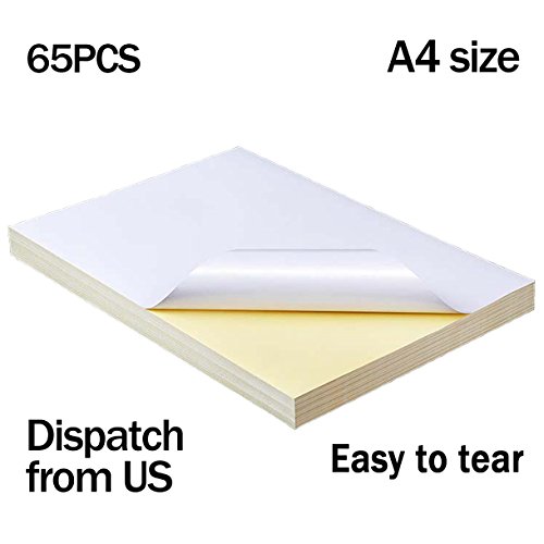 65 Sheets Glossy Sticker Paper, A4 Self Adhesive Sticker Label Paper for Laser and Inkjet Printers by Hapree