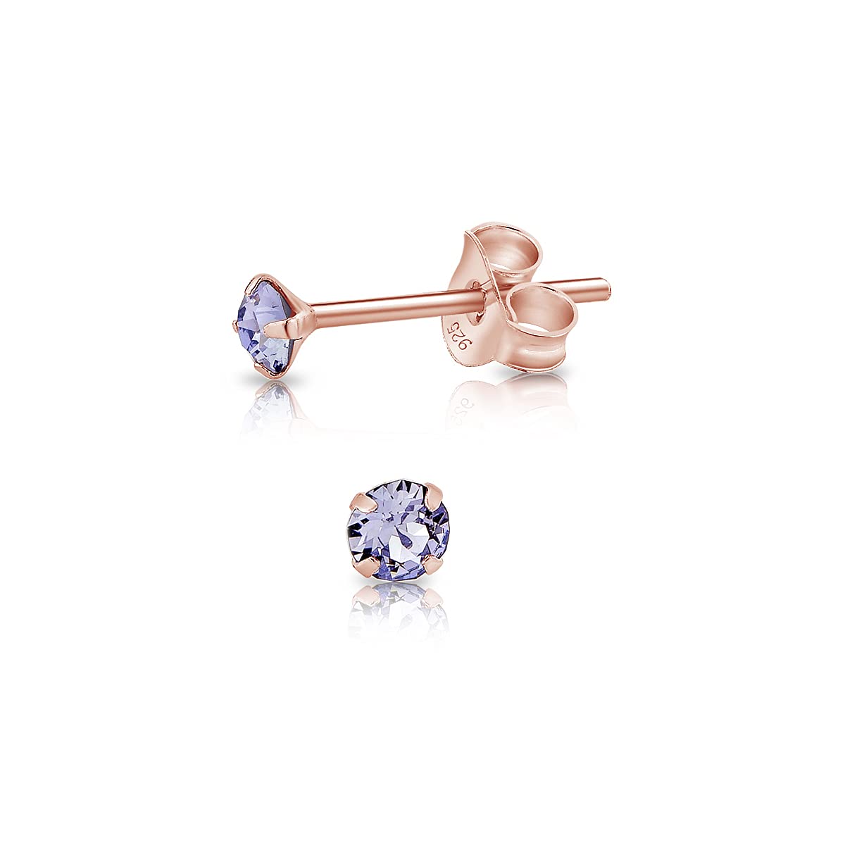 DTPSilver - 925 Sterling Silver Rose Gold plated Round TINY Stud Earrings made with Glittering Crystals from Swarovski® Elements - Diameter: 3 mm - Colour : Provence Lavender