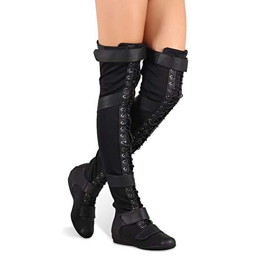 Knee Lace Up Strappy Flat Boots 
