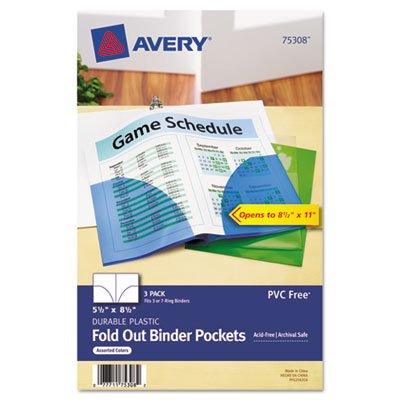 Avery Small Binder Pockets, Fold-Out, 5-1/2 x 8-1/2, Assorted, 3/Pack