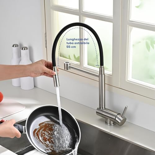 BuntHaus Folding Kitchen Tap, Kitchen Mixer Tap Under Window Folding, Kitchen Sink Mixer Tap 360° Rotatable 304 Stainless Steel (Brushed Silver)
