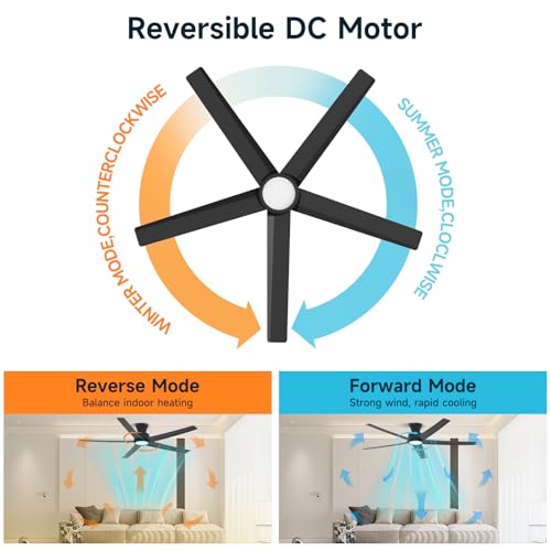 ocioc Ventiladores de techo con luces, 52 pulgadas, motor CC silencioso reversible, regulable, negro ventilador de techo para interiores y exteriores