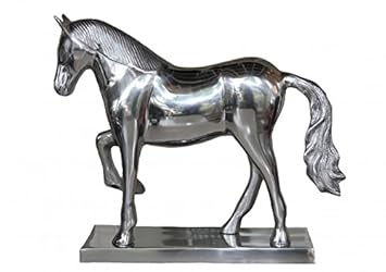 Casa Padrino Luxus Figur Pferd auf Sockel, Silber, B 35 cm, H 30,5 cm - Massive Skulptur - Edel & Prunkvoll