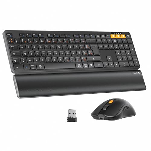 ProtoArc KM60 Rechargeable Wireless Keyboard Mouse Pack with Wrist Rest, Full Size, 2.4G + 2 x Bluetooth, for Laptop, PC, Mac, Windows, French AZERTY – Black