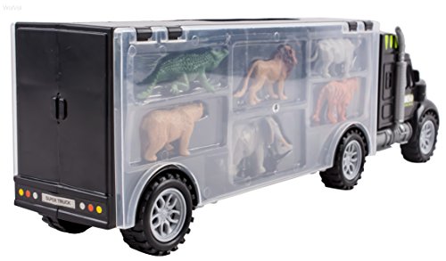 WolVol Hand Carry-On Wild Animals Transport Car Carrier Truck - Wildlife Transporter Toy On Wheels w/ 6 Mini Animal Models - Jungle Adventure Playset for Kids