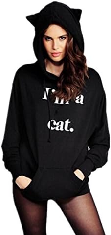 Buetyart Kawaii Black Hoodie Women Sweatshirt Sport Long Sleeve Hoody With Cat Ears I AM CAT Print Hoodies Tracksuit Jumper Jogging Femme