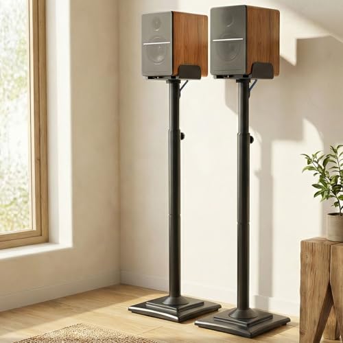 Homodoskey Speaker Stands Pair, 86-110cmHeight Adjustable,Cable Concealing, 1 Pair Spring-Loaded Plate Extends, For Satellites up to 5 kg Speaker Stand Floor, Universal Satellite & Bookshelf Speakers