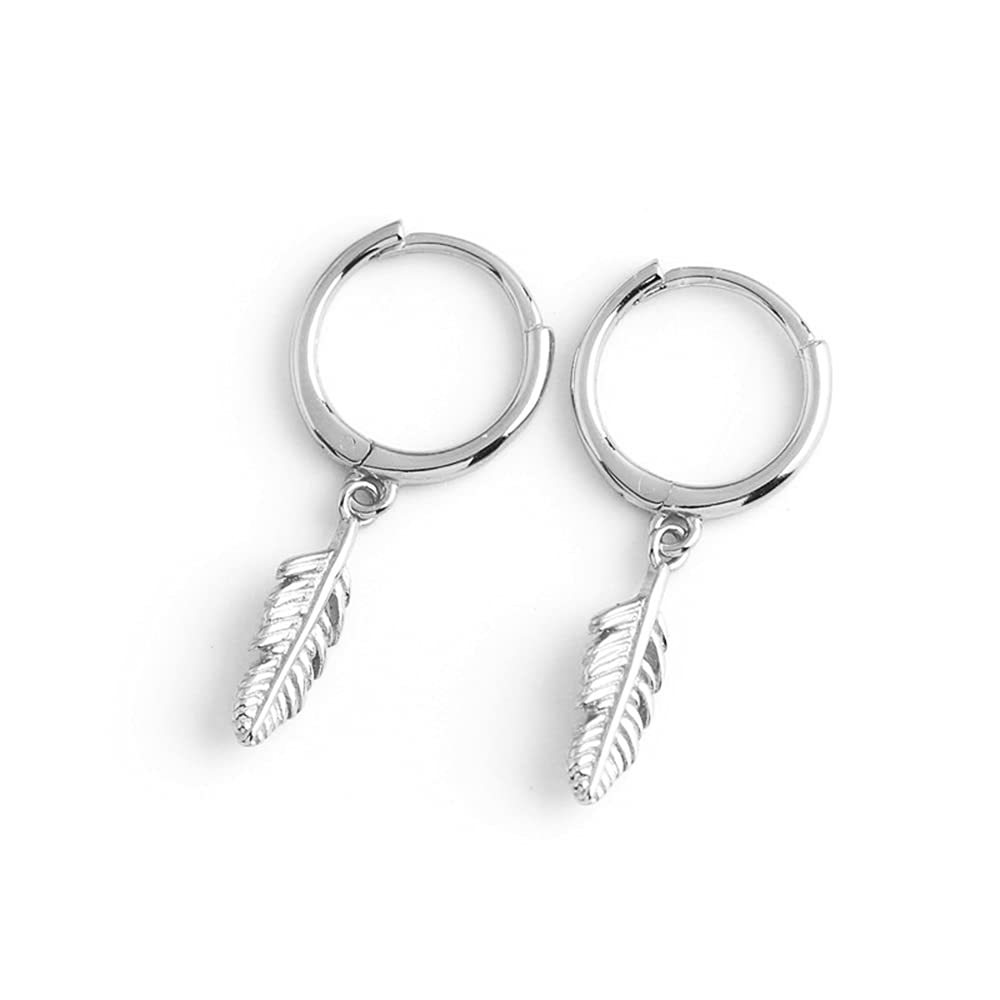 Dainty Feather Dangle Hoop Earrings for Women Girls S925 Sterling Silver with Charms Huggie Hoops Dangling Drop Piercing Earring Personalized Jewelry Delicate Gift for Dauther Bff (Silver)