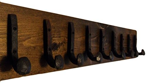 Heavy Duty Coat Hat Robe Tool Towel Hook Rail Rack Wall Mount Storage Display Rustic Holder Architectural Reclaimed Organizer Kitchen Bathroom Foyer Bedroom Closet Garden Garage Accessory Wooden Antique Vintage Metal (Dark Walnut and Antique Iron, 36" Rack Rail with 9 Railroad Spike Hooks)
