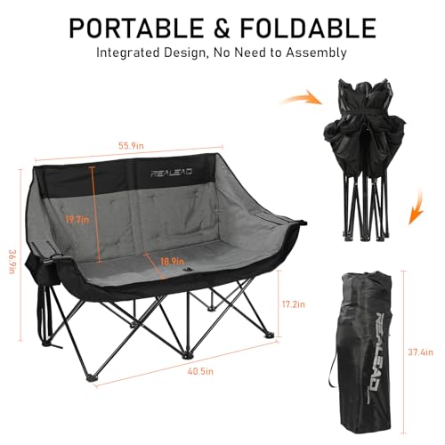 REALEAD Double Camping Chair - Heavy Duty Oversized Camping Couch for Adults Support 650 lbs - 2 Person Camping Chair with Cooler Bags - Padded Camping Loveseat for Outdoor Lawn Sports