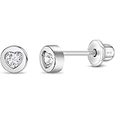 925 Sterling Silver Heart Cubic Zirconia Round Shaped Safety Screw Back Earrings For Girls - Small Round Heart Earrings For Children - Little Girls Love Heart Earrings