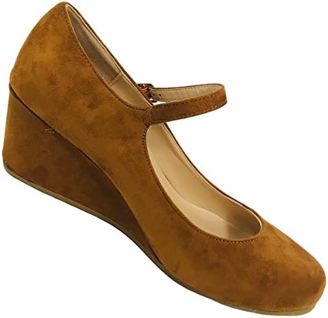 Haphop Women's Mary Jane Mid Heel Almond Toe Wedge Pump Shoes, Taupe, 8 M US