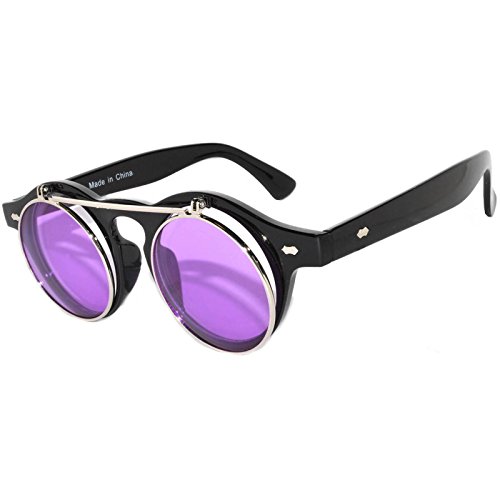 Steampunk Retro Gothic Vintage Colored Metal Round Circle Frame Sunglasses Colored Lens OWL (Flipup_C3_Black_Purple, PC Lens)