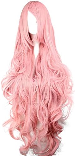 WY Blue Sky 39"100cm Pink Long Big Curly Wave Layered Medium Heat Resistant Cosplay Costume Wig for Women with Side Swept Bangs Fringe Fabulous + Free Wig Cap