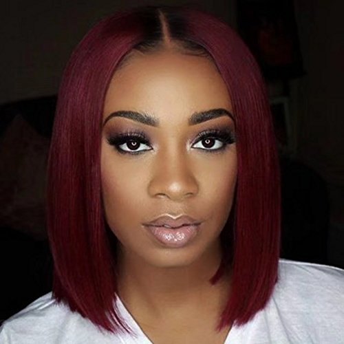 Zhangxiuzhu Hair 1B 99j Ombre Color Human Hair Lace Wigs For Black Woman 130% Density Silky Straight Red Full Lace Wigs Glueless Short Bob Lace Front Wigs With Baby Hair