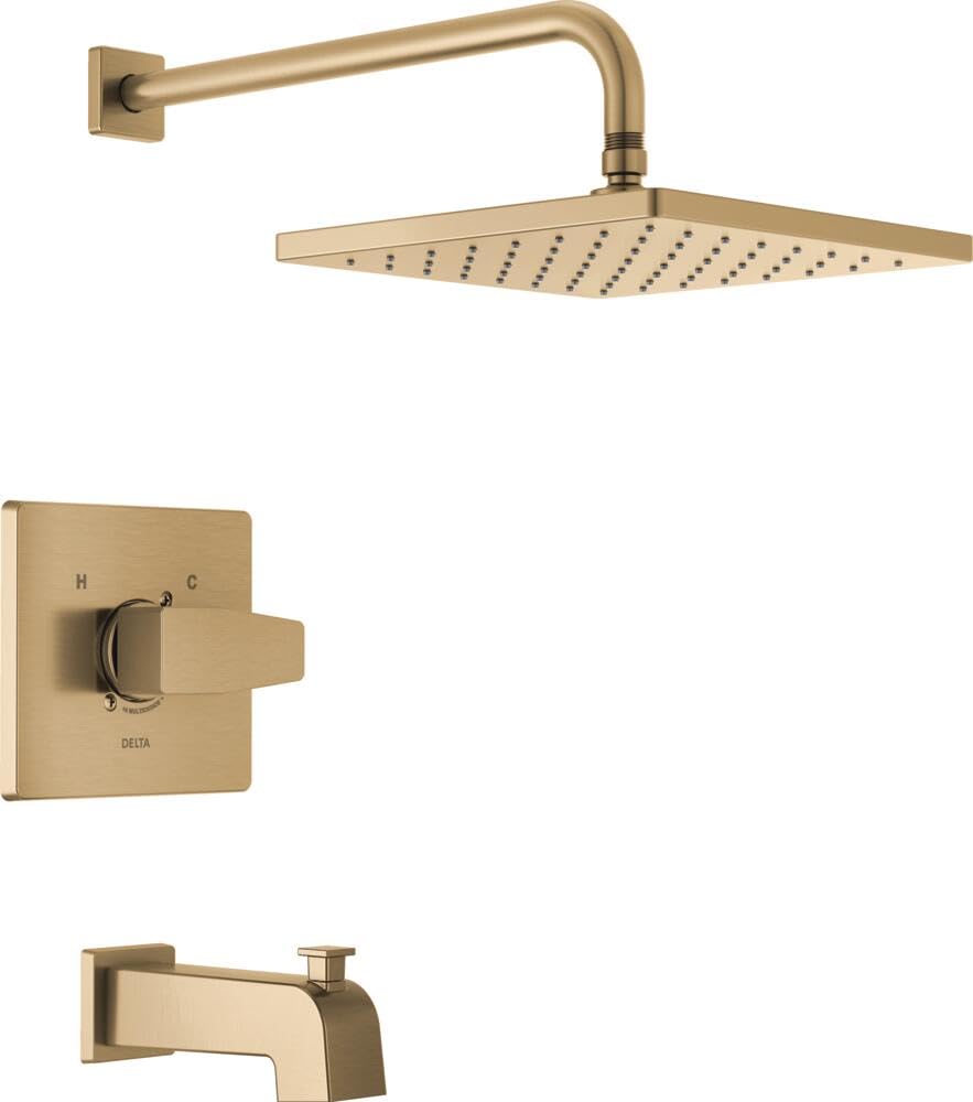 Photo 1 of Delta Faucet Modern Raincan Square Single-Function Tub and Shower Trim Kit Gold, Tub Faucet Set, Rainfall Shower Head Gold, Delta Shower Kit, Champagne Bronze T14468-CZ-PP (Valve Not Included)
