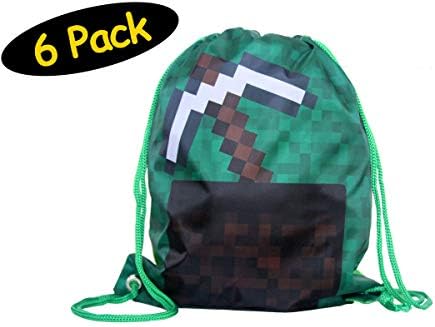 Pixel Party Favor Bags Minecraft Favor Bags // Pixel Goodie Bags // Drawstring Backpack Pixel Party Bags // Gift Bags Kids Birthday Party Supplies // Reusable After School Gym Sports // Mining Gamer Craft, 6 Pack, 12" x 14"